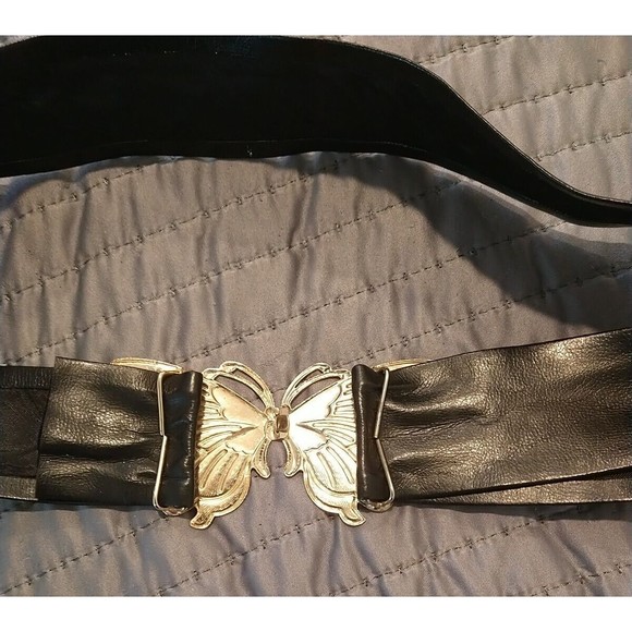 Vintage 80s Faux Leather Waist Belt Black Gold Butterfly Buckle Clasp Size 33